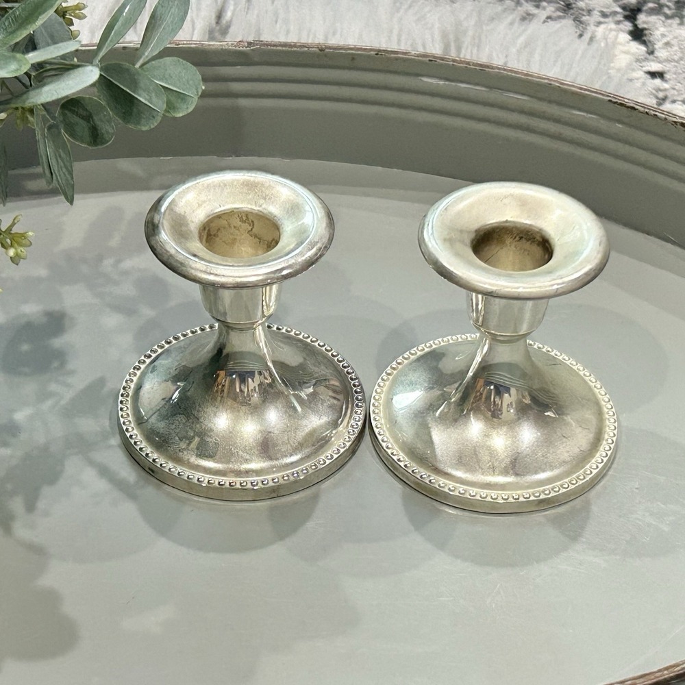 International Silver Co SILVER Plated Vintage Beaded Candle Holders Set Of Two